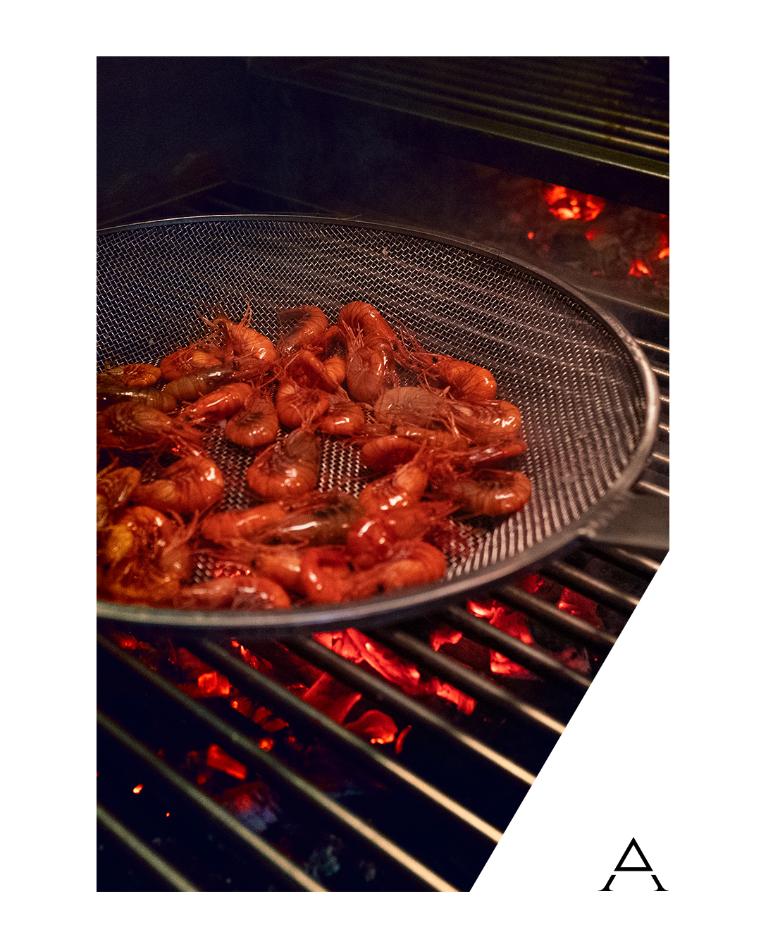 Camarón gallego a la brasa sobre parrilla de carballo en Albanta Cocina de Leña, Vilaboa Pontevedra